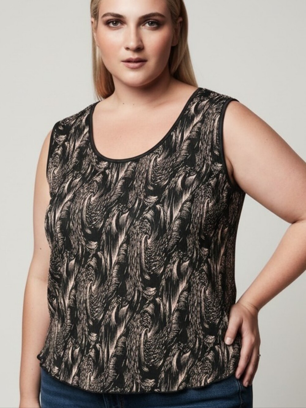 Vintage Addition Elle Black Crimpled Tank Top with Blush Swirl Print